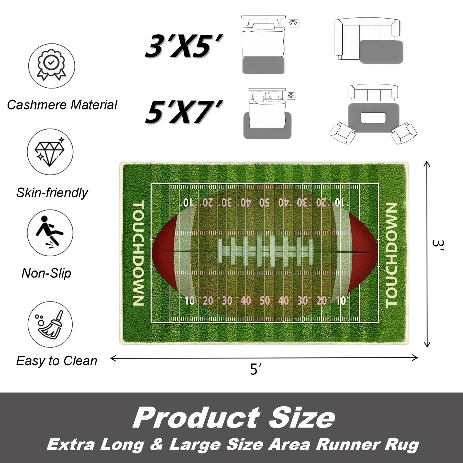 UltraSoft Football Rug Boys Room Decor Faux Wool Washable Carpet 3×5 Ft