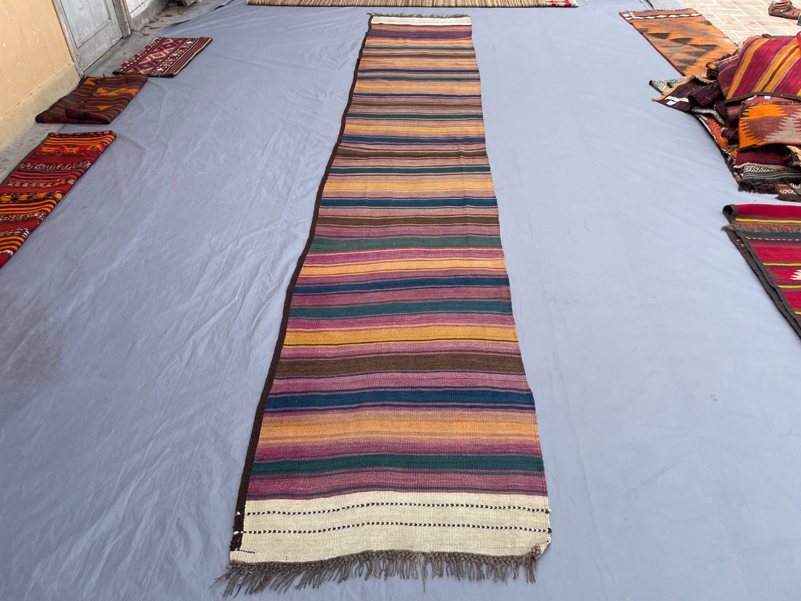 2’10 x 15 Ft Soft Pastel Afghan Kilim Runner Handmade Flatweave Striped Rug Warm