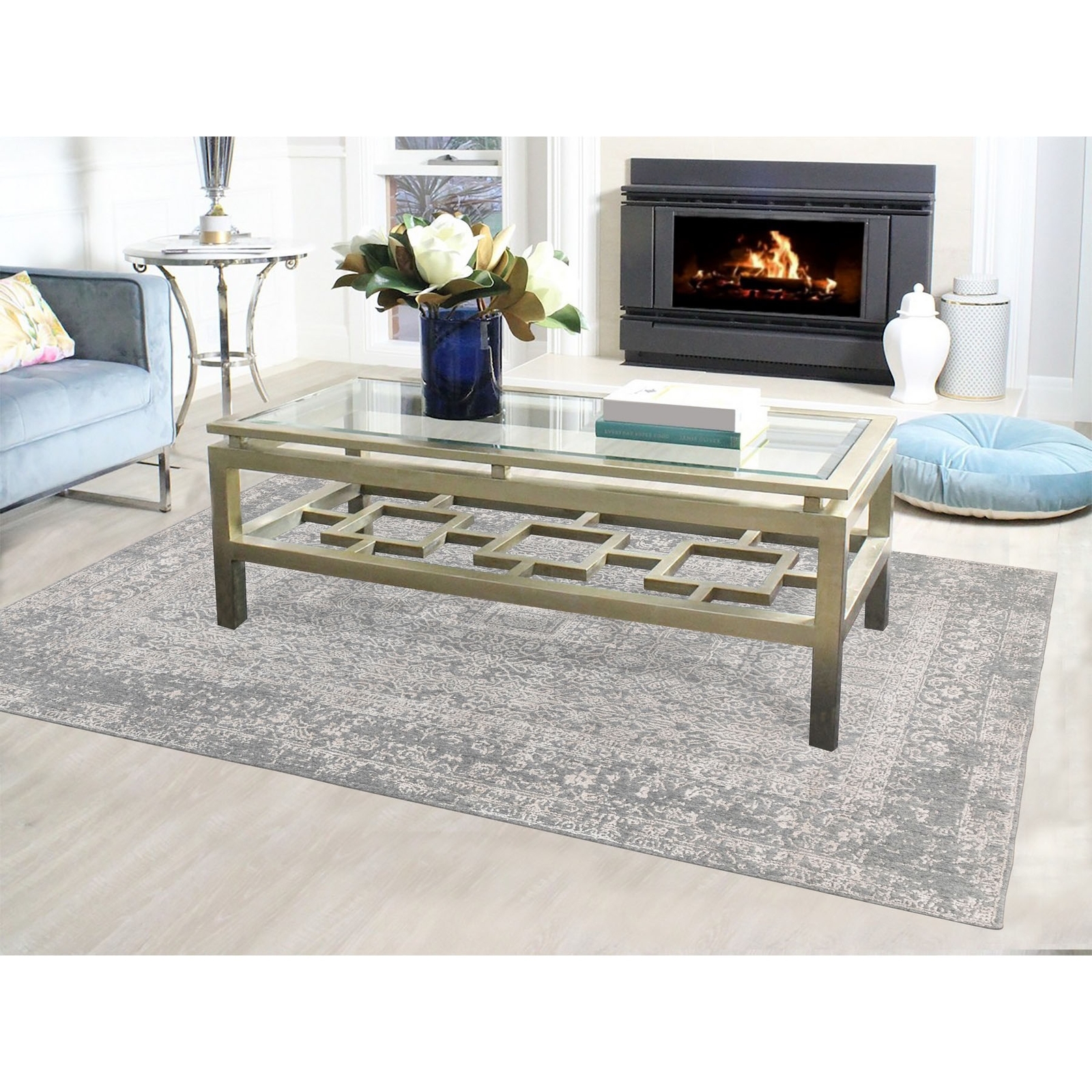 5’10” x 9’1″ Gray Fine jacquard Hand Loomed Modern Wool And Art Silk Rug R58409