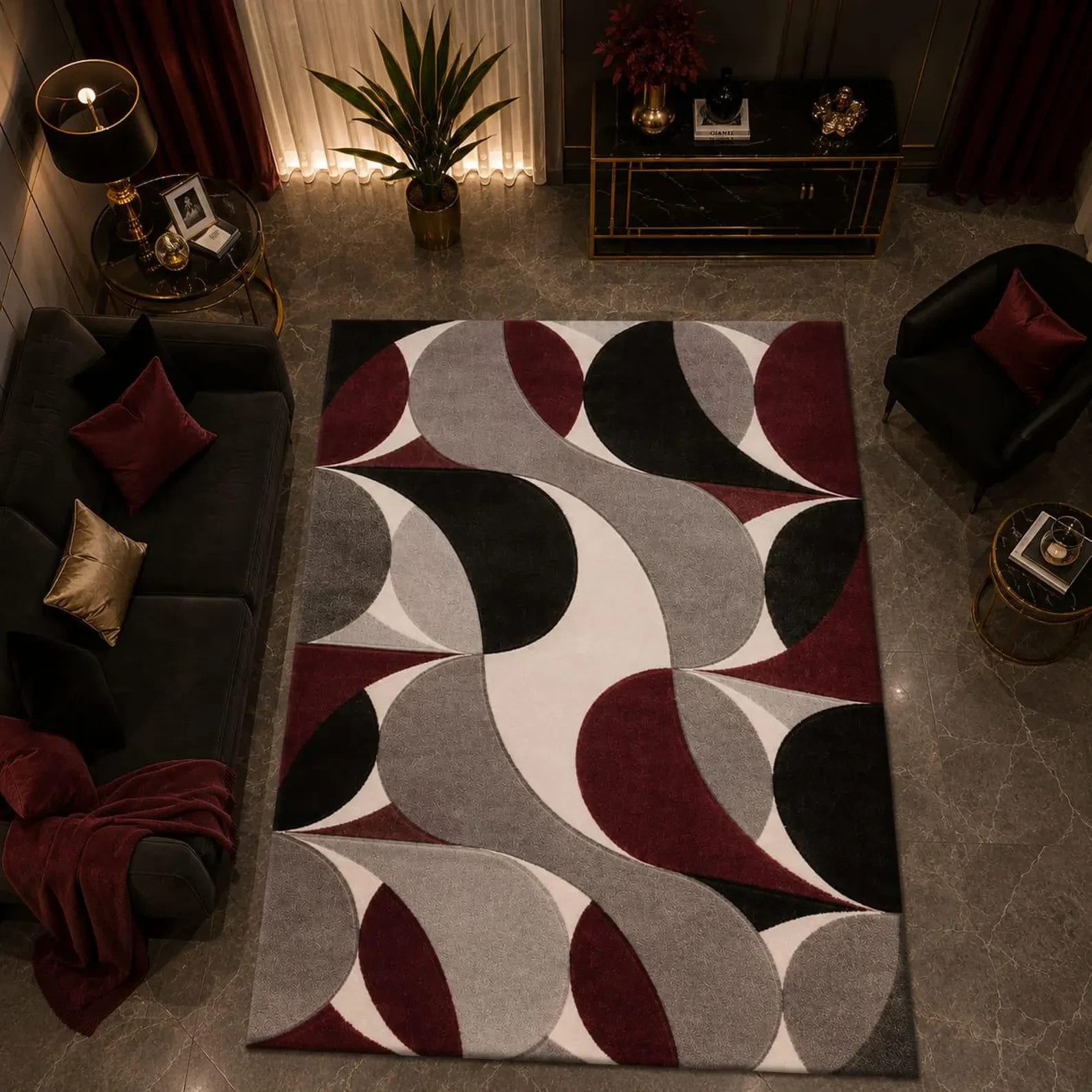Burgundy Gray Geometric Area Rug, Hand Tufted Modern Living Room Carpet Decor