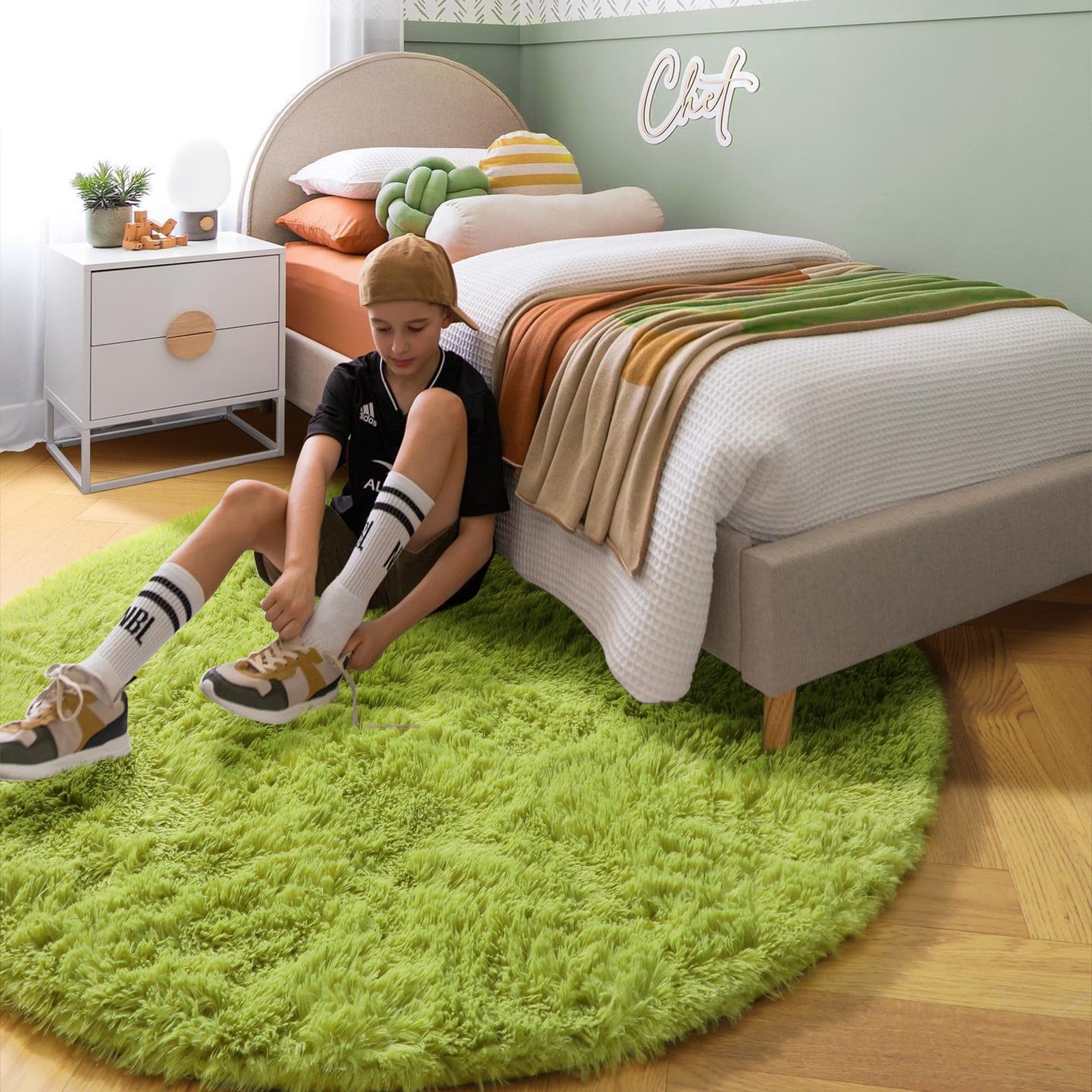 Grass Green Round Rug 4Ft for Bedroom, Fluffy Shag Circle Area Rugs for Kids …
