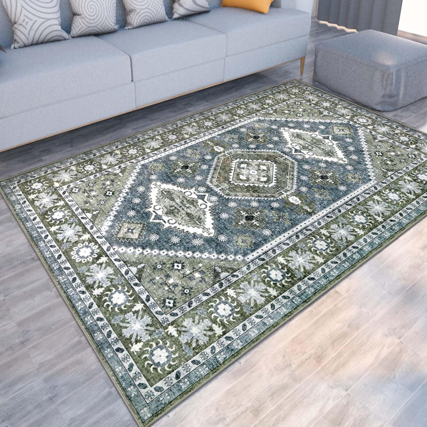 Boho Chic Large Washable Area Rug 9×12 in Dark Blue & Green for Living Room