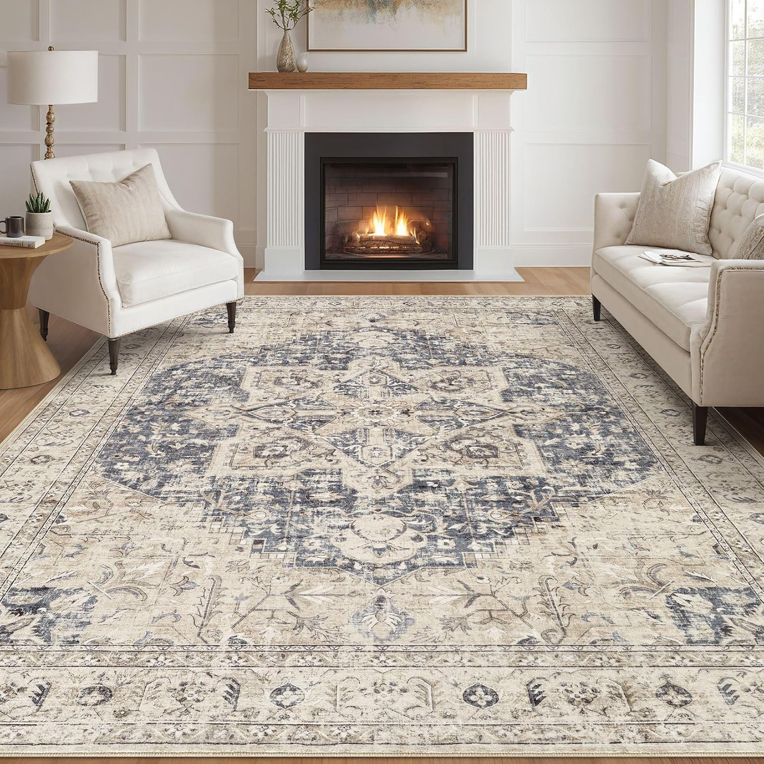 Boho Vintage 9×12 Washable Area Rug for Living Room, Bedroom, Home Office