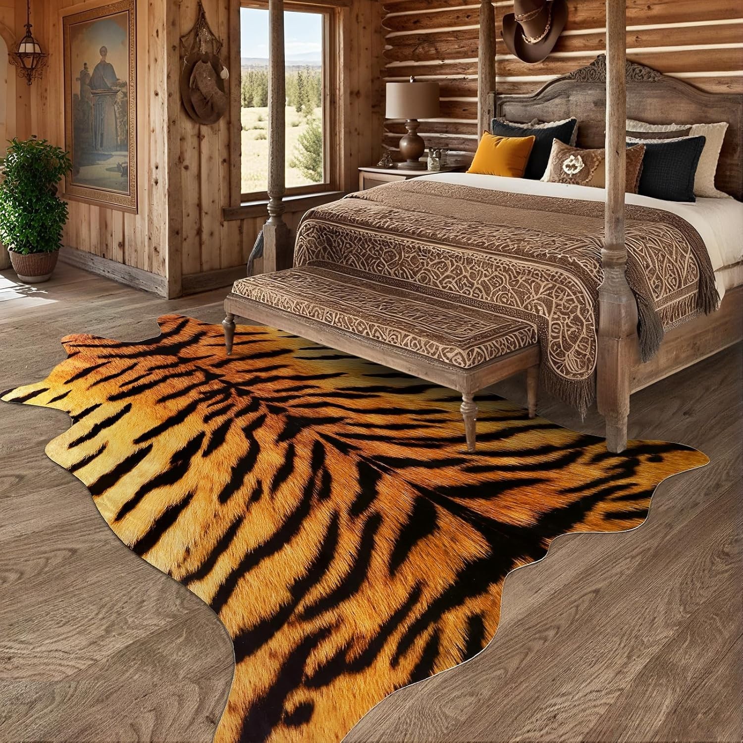 Premium Tiger Print Rug 4.6×5.2ft Washable Faux Fur Non-Slip Home Decor