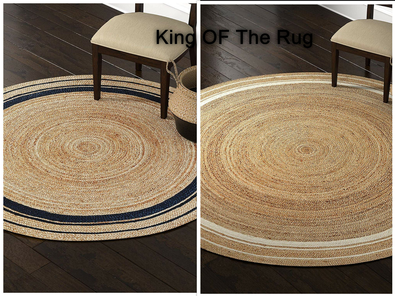 Rug Round Jute Black & White Line Style Rug Reversible Braided Modern RusticLook