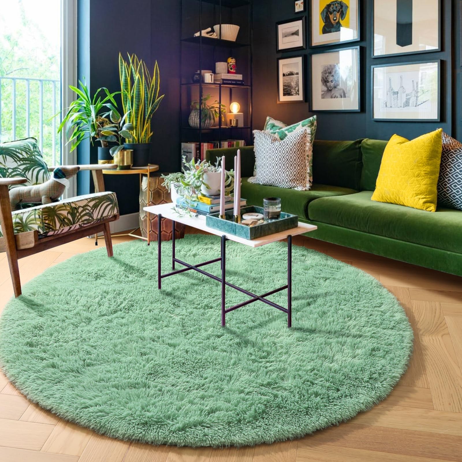 Amdrebio Sage Green Round Rug 5Ft Bedroom, Fluffy Furry Circle Nursery Kids Room