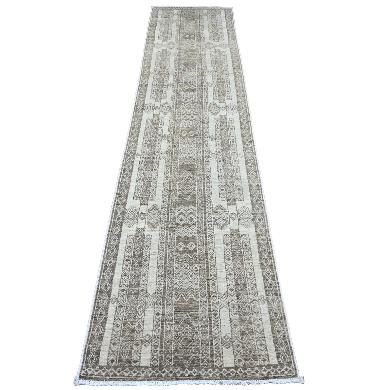 2’6″x11’6″ Brown Geometric Berber Influence Wool Hand Knotted Runner Rug R20939