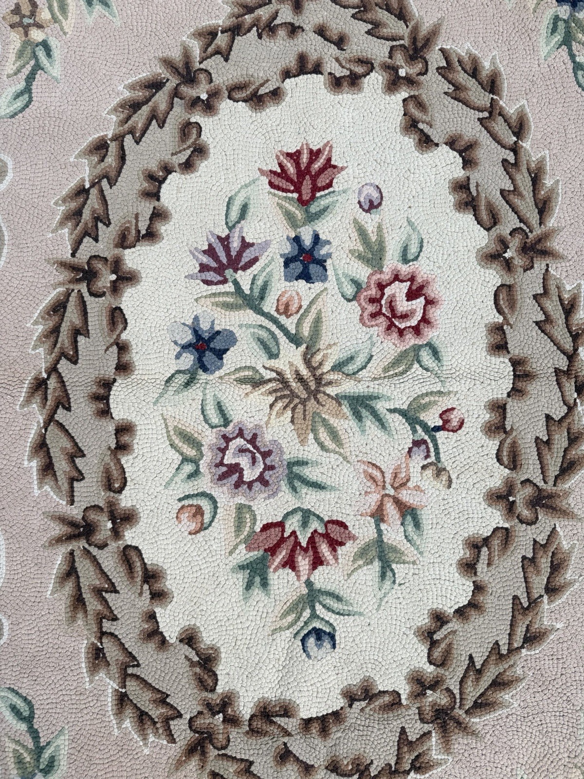 Vintage Hand Hooked Pink, Tan, Multicolor Floral Wool Area Rug, 44”x66”