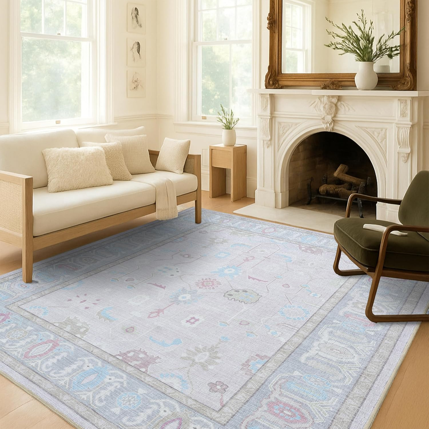 Pink Oushak Rug – Vintage Floral Area Rug for Living Room, Bedroom, Office 5’X6′