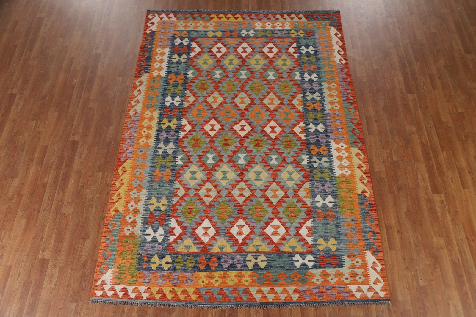 Geometric Kilim Living Room Rug 7×10 Wool Hand-woven Reversible Colorful Carpet