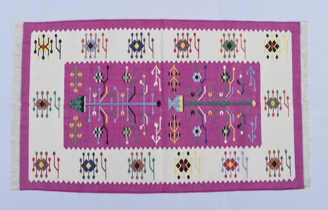 4×6 Cotton Dark Pink and White Rug – Premium design Hand woven Reversible Dhurri
