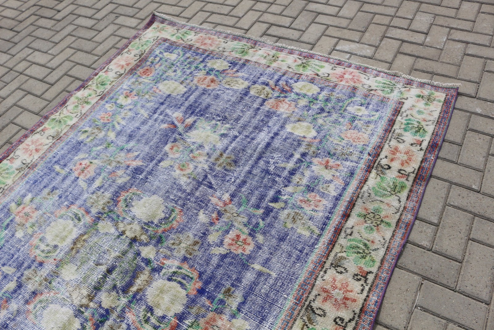 5,9×9 ft Vintage Turkish Rug, Large Rug, Blue White Oriental Wool Rug