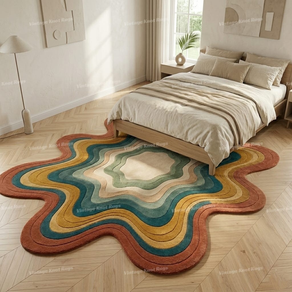 Hand Tufted Wool Area Rug 8×10 Abstract Wavy Modern Irregular Shape Plush Rug
