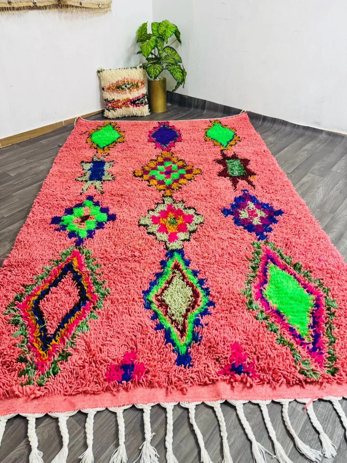 pink Moroccan Rug Handmade – Azilal Berber Rug – Colorful Tribal Moroccan Wool