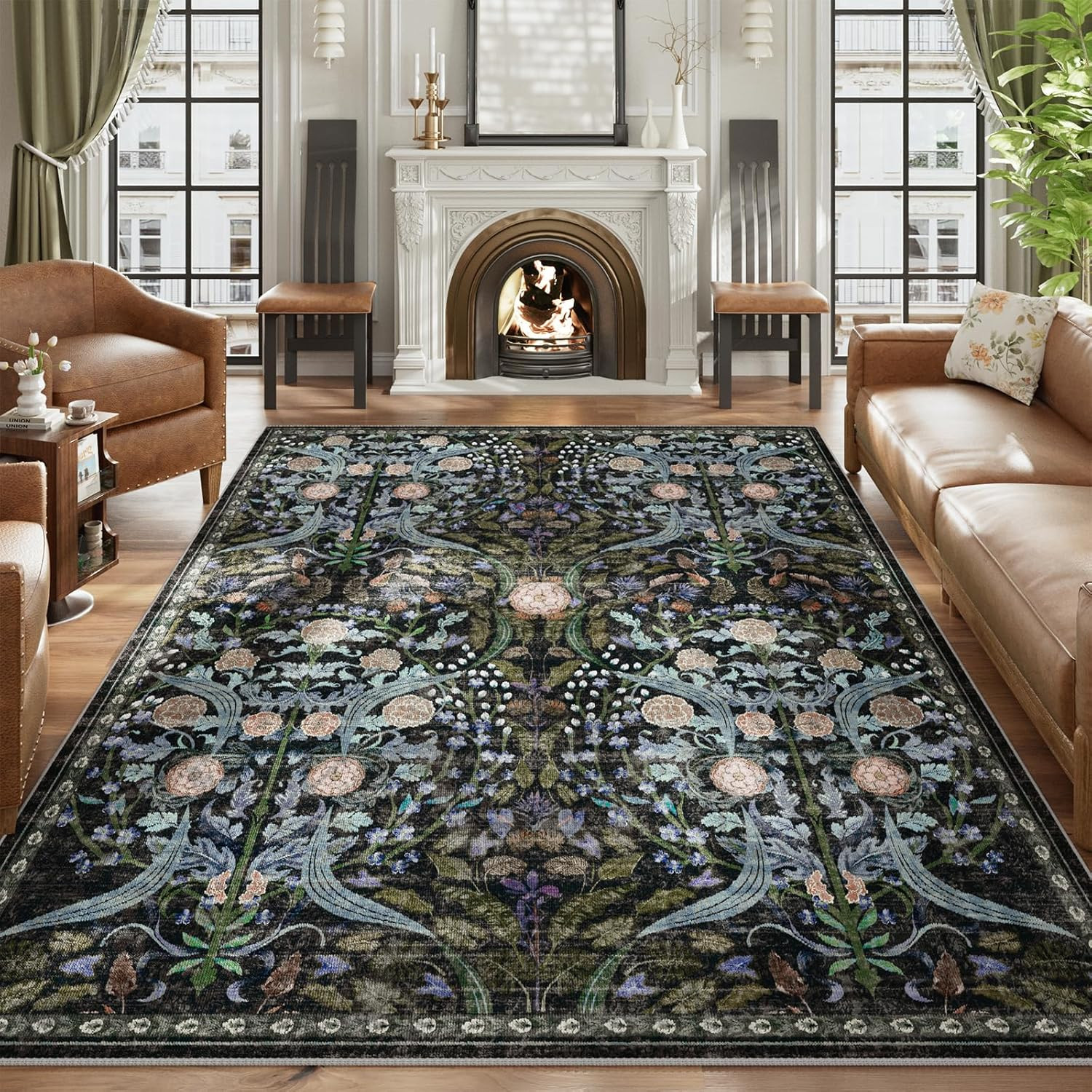 5×7 Washable Area Rug Vintage Boho Floral Non Slip Living Room Bedroom Black