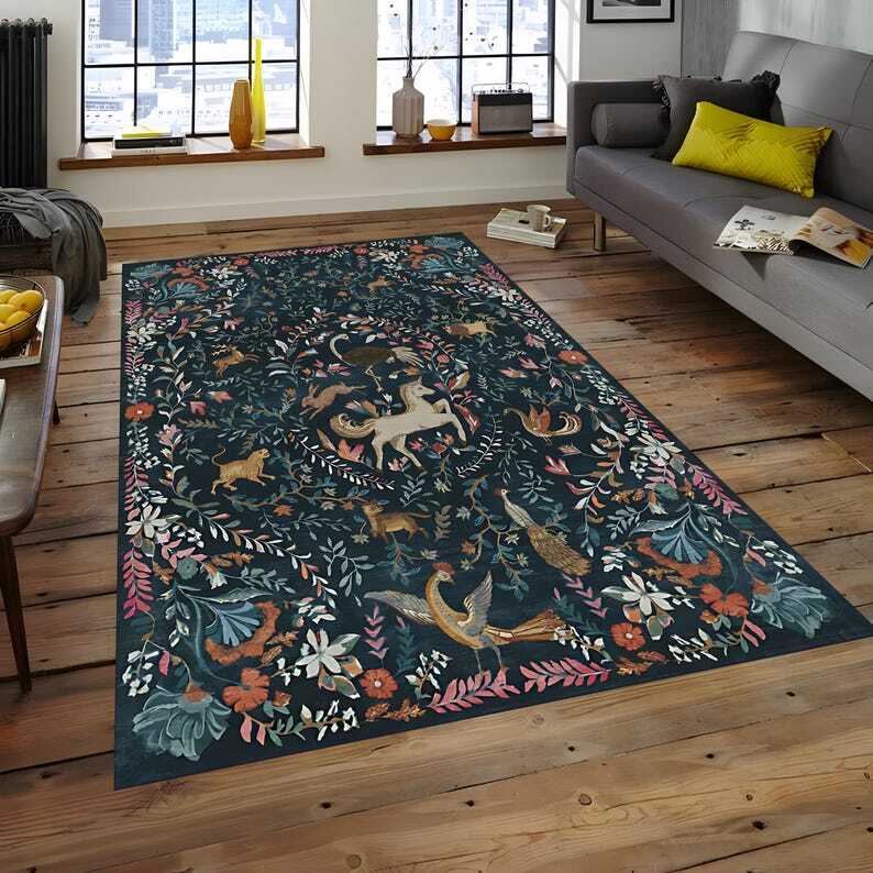 Floral Unicorn Rug,Folklore Decor,Cottagecore Decor,Fairy Woodland Decor,Whimsic