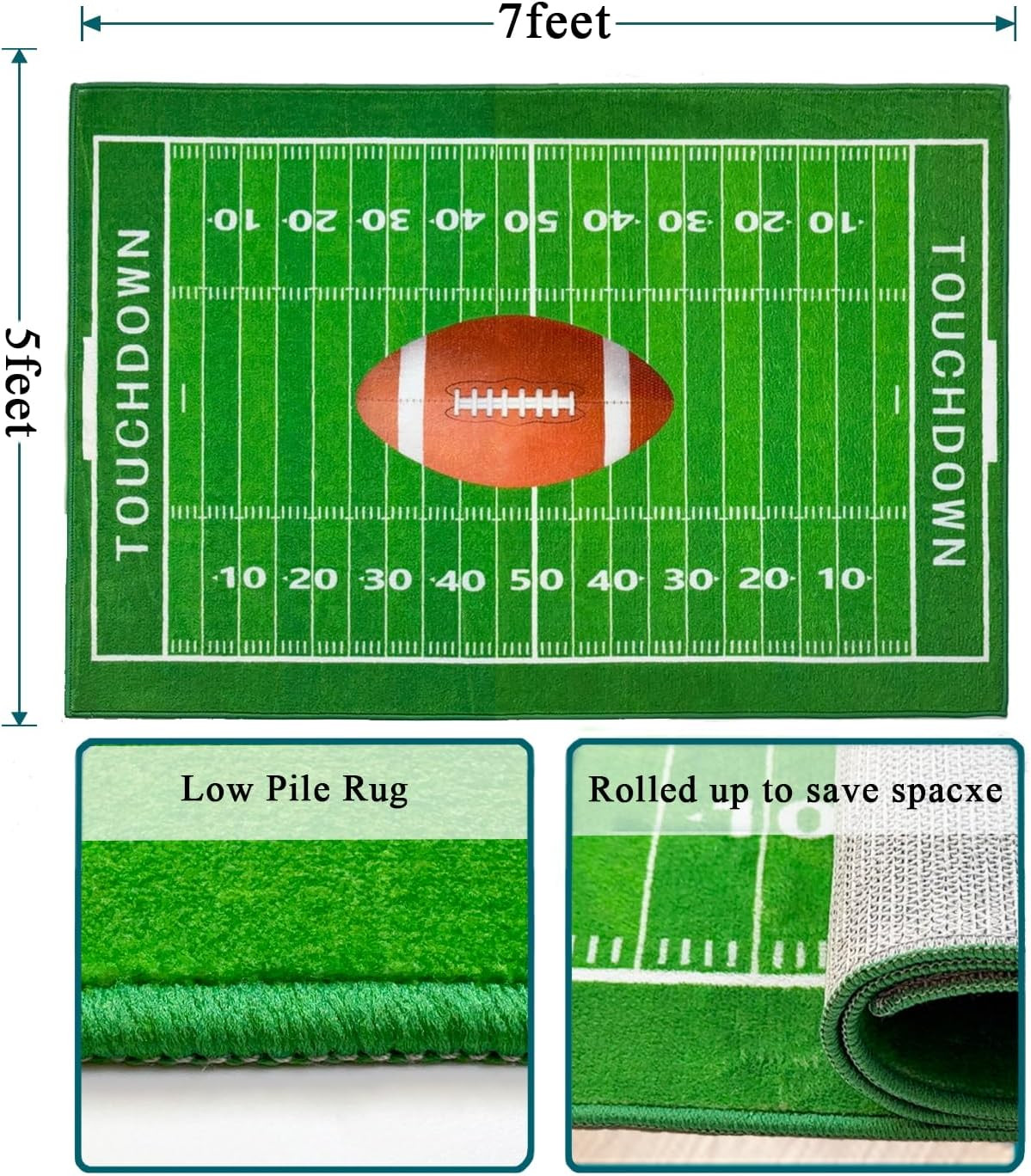Football Field 5×7 Rug – Soft Sports Area Rug for Boys Room & Playroom Decor