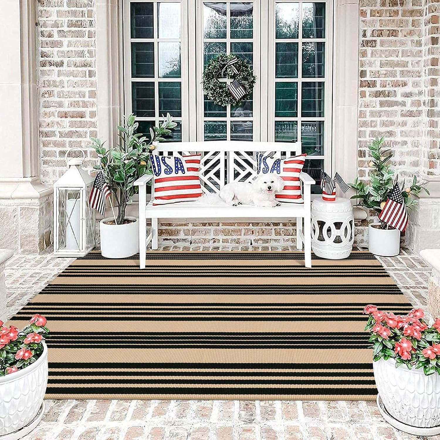 Reversible Washable 4’X6′ Black & Khaki Striped Indoor Outdoor Rug