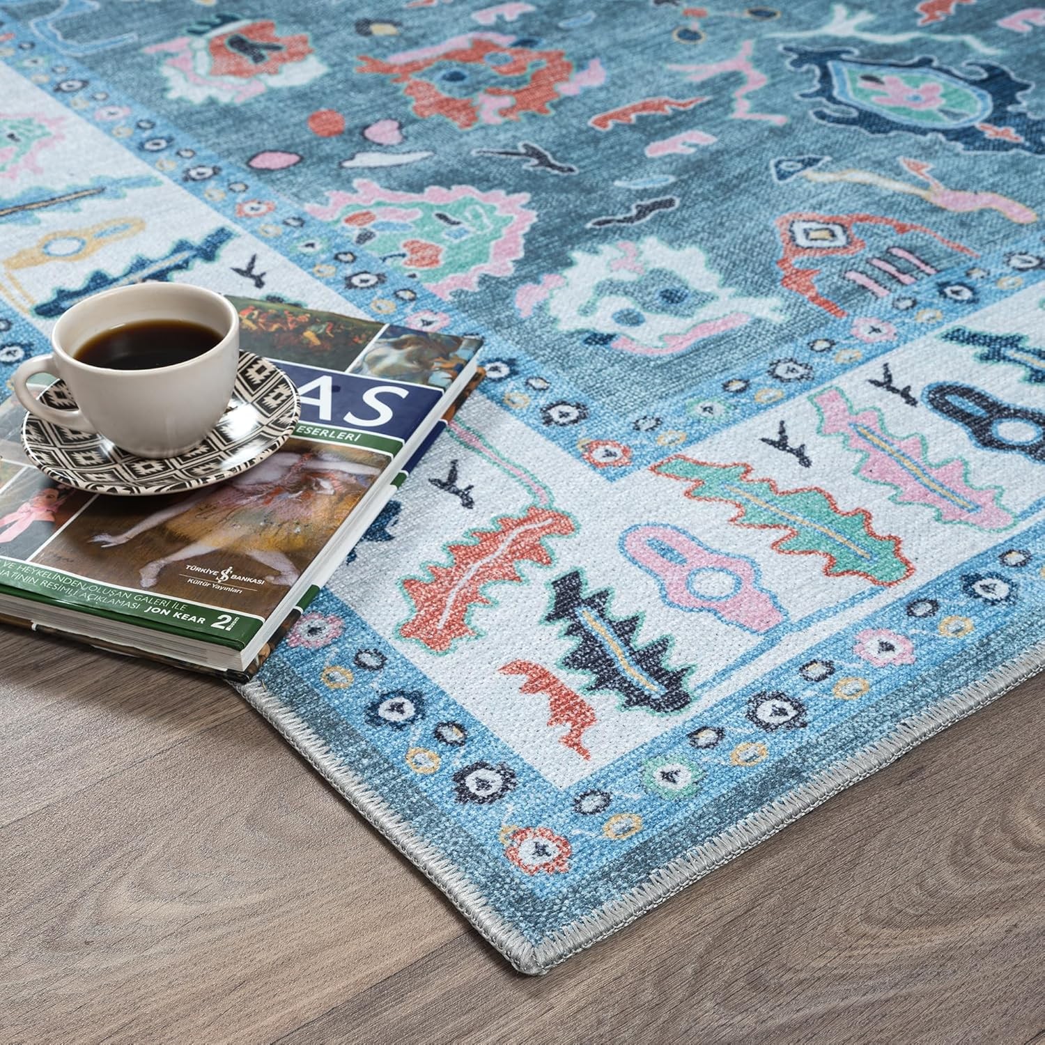 Teal Modern Oushak Rug 5×7, Washable Vintage Turkish Colorful Oriental Antique