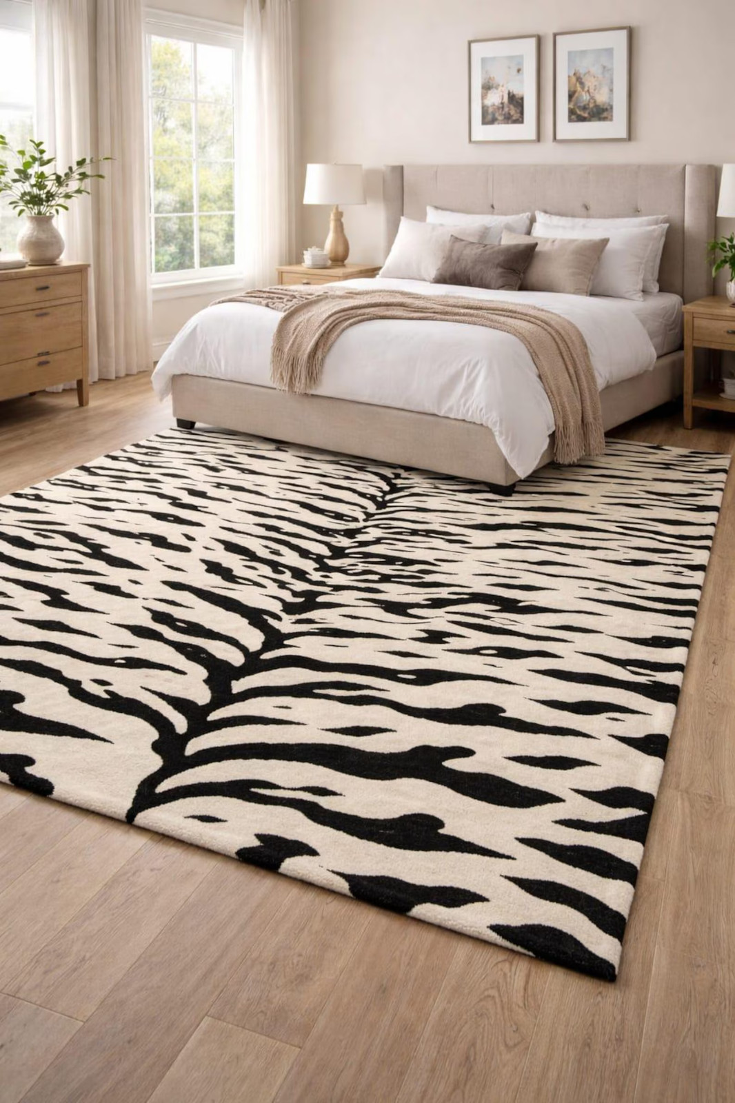 Modern Soft Abstract Hand Tufted Wool Zebra Rug, Black and Beige Animal Print