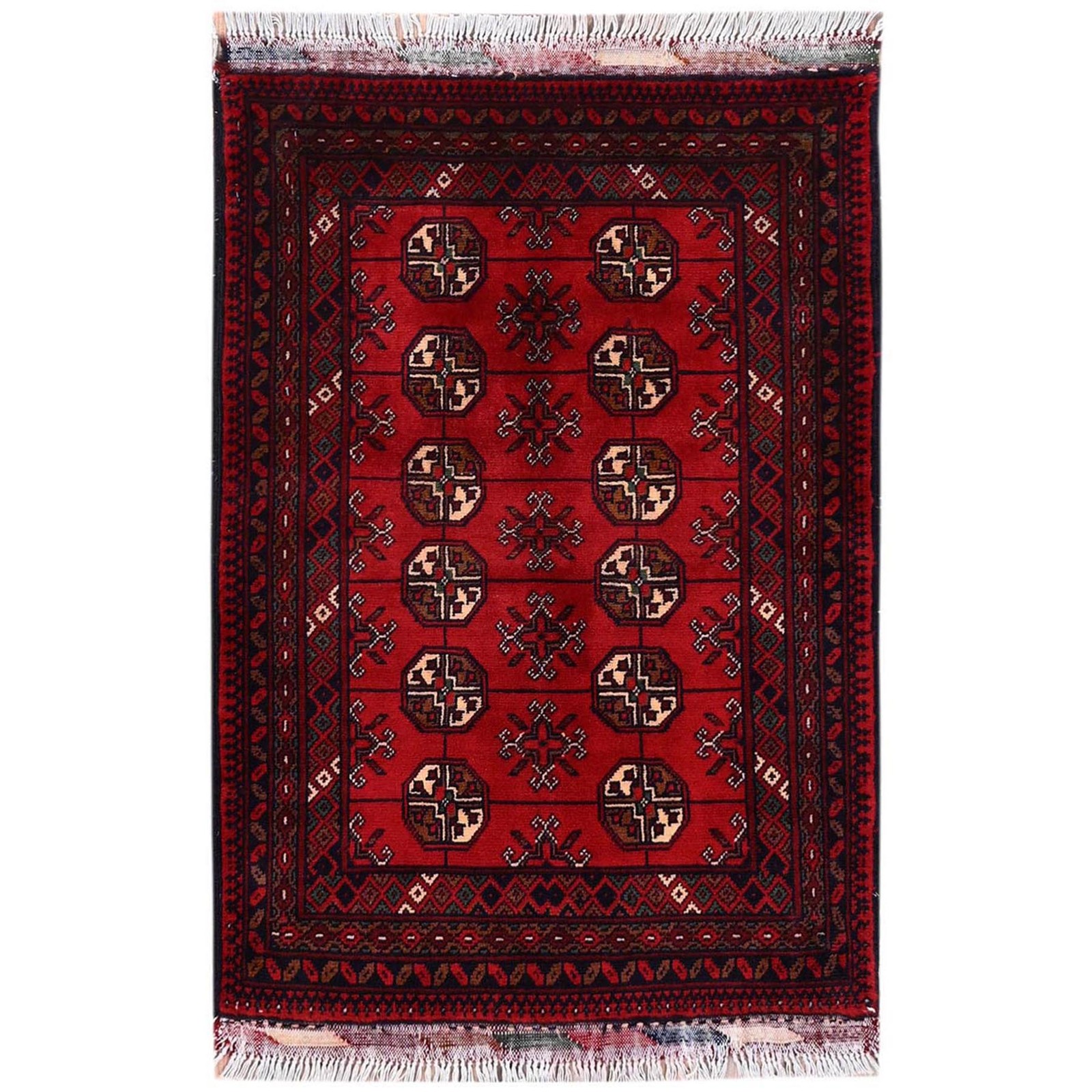 2’2″x3’1″ Red Princess Bokara with Tribal Medallions Hand Knotted Wool Mat Rug