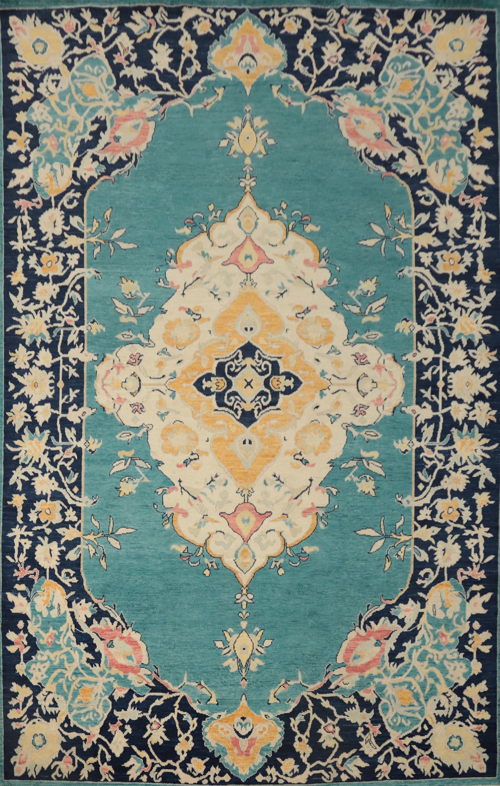 Medallion Oushak Large Area Rug 9×12 Ft Handmade Vegetable Dye Green Teal Carpet