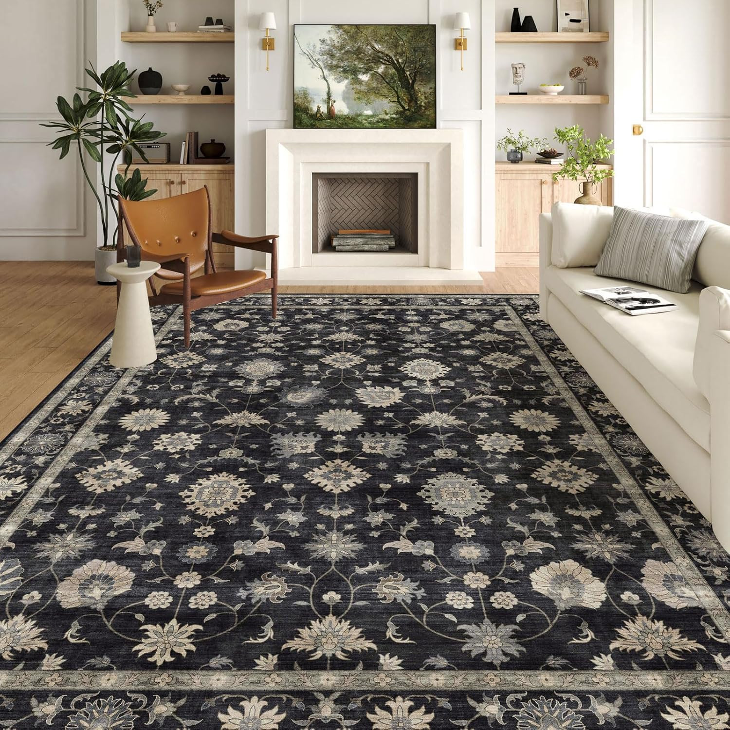 Large Washable Charcoal Black Boho Area Rug 9×12 for Living Room & Bedroom