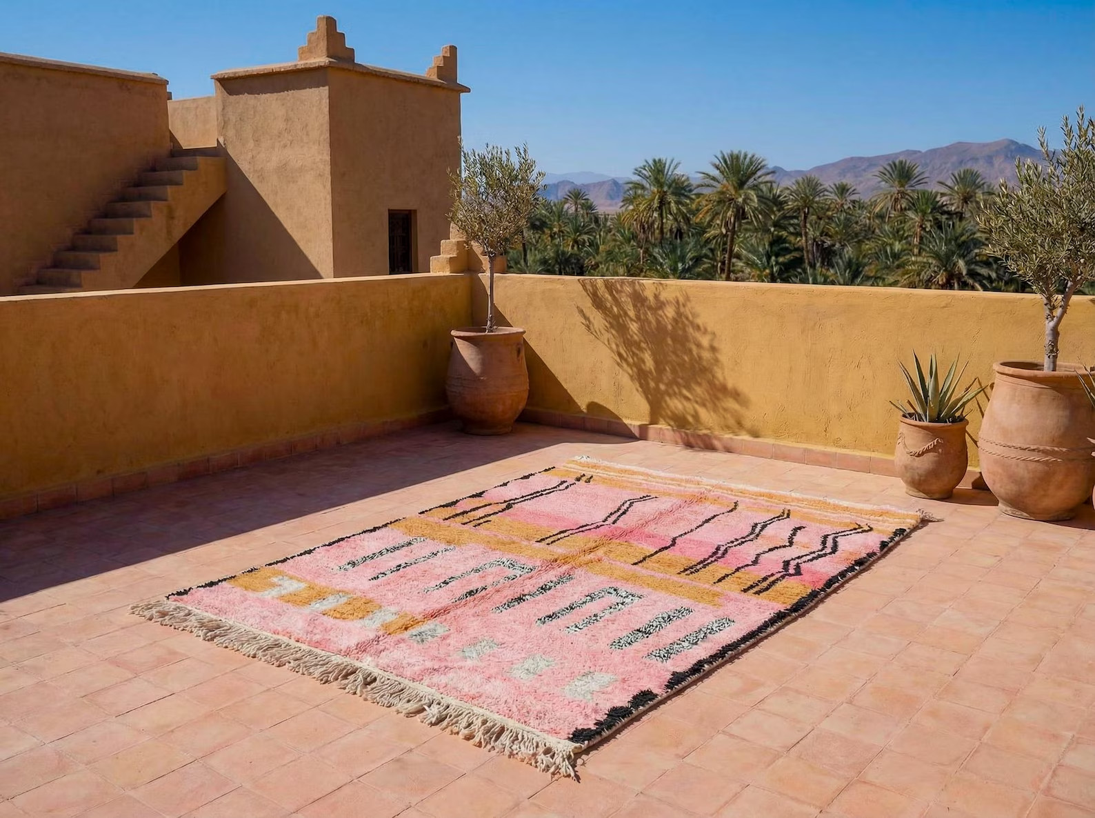 Abstract Boho Sunset Carpet – Hand-Knotted Pink Orange Moroccan Rug