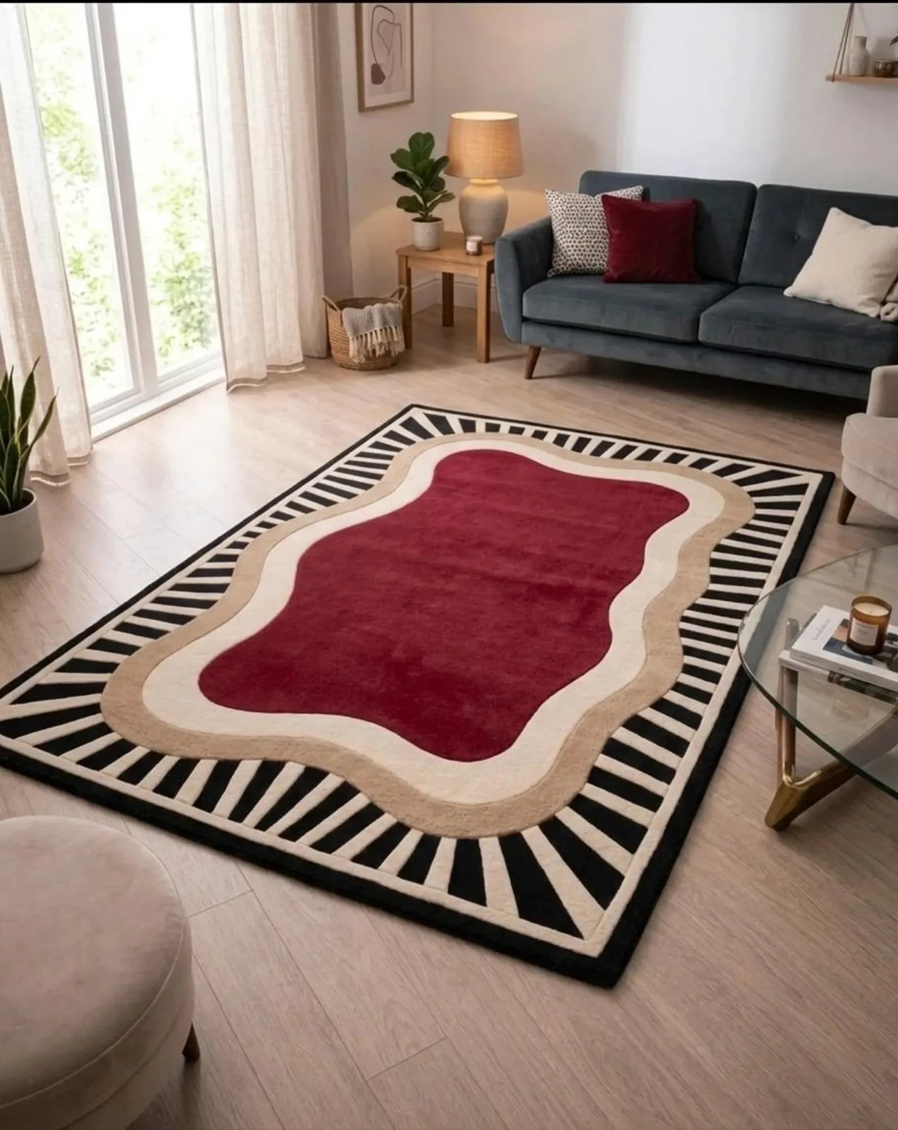 Modernist Wavy Area Rug Red Cream Black Stripe Geometric Lounge Carpet Mat