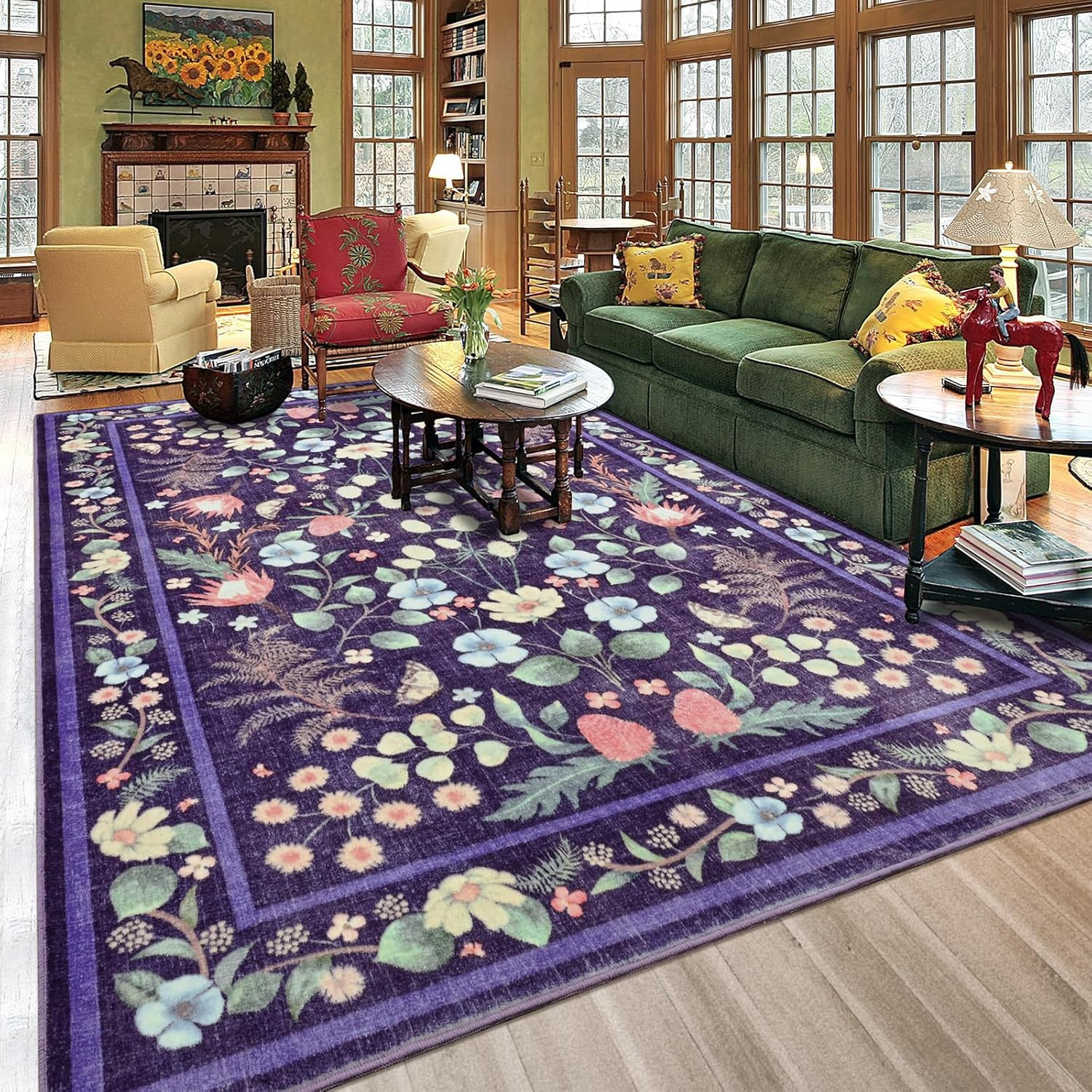 Vintage 5×7 Washable Purple Blue Area Rug – Non-Slip Floral Carpet