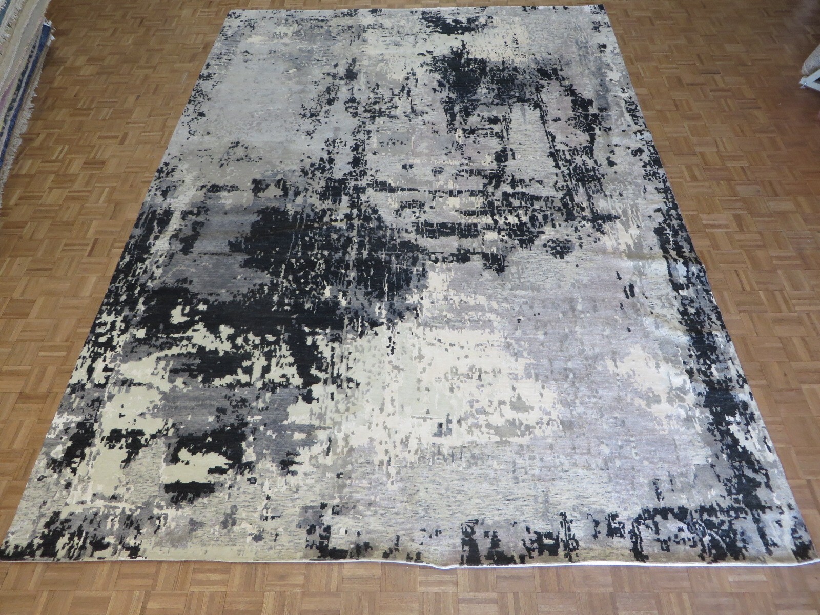 10’11 x 15’3 Hand Knotted Black Gray Modern Abstract Oriental Rug G15415