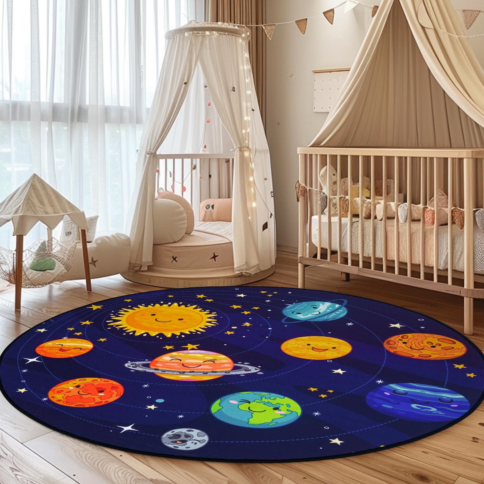 Round Space Rug for Room 40×40” Solar System Circle Rugs for Bedroom Rugs fo…