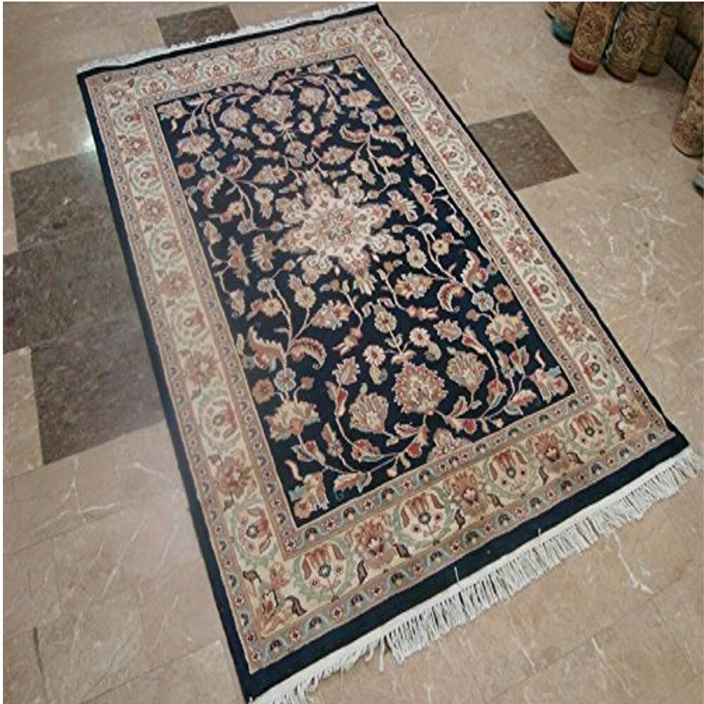 Area Rug Navy Dark Blue Floral Medallion Hand Knotted Rug Wool Silk Carpet 6’x4′