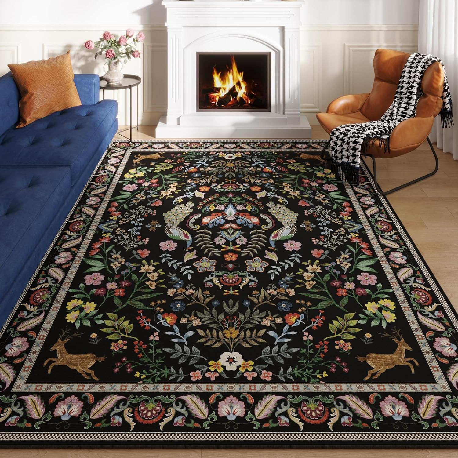 Vibrant Black 9×12 Washable Floral Area Rug for Living Room & Bedroom