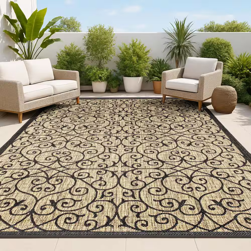 Madrid Vintage Filigree Black/Khaki 7 Ft. 9 In. X 10 Ft. Textured Weave Indoor/O