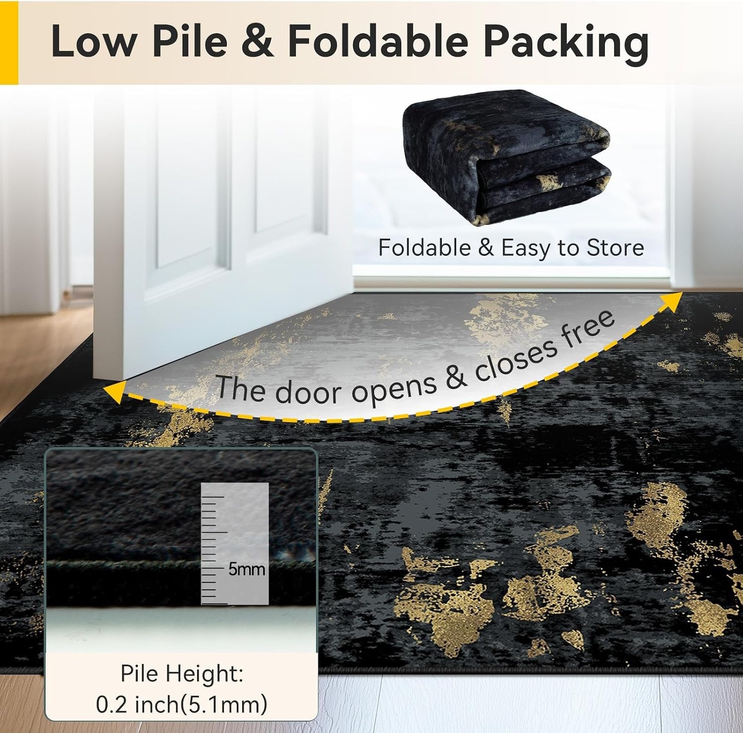 8’x10′ Washable Area Rugs Non-Slip Modern Abstract Soft Dark Black Gold