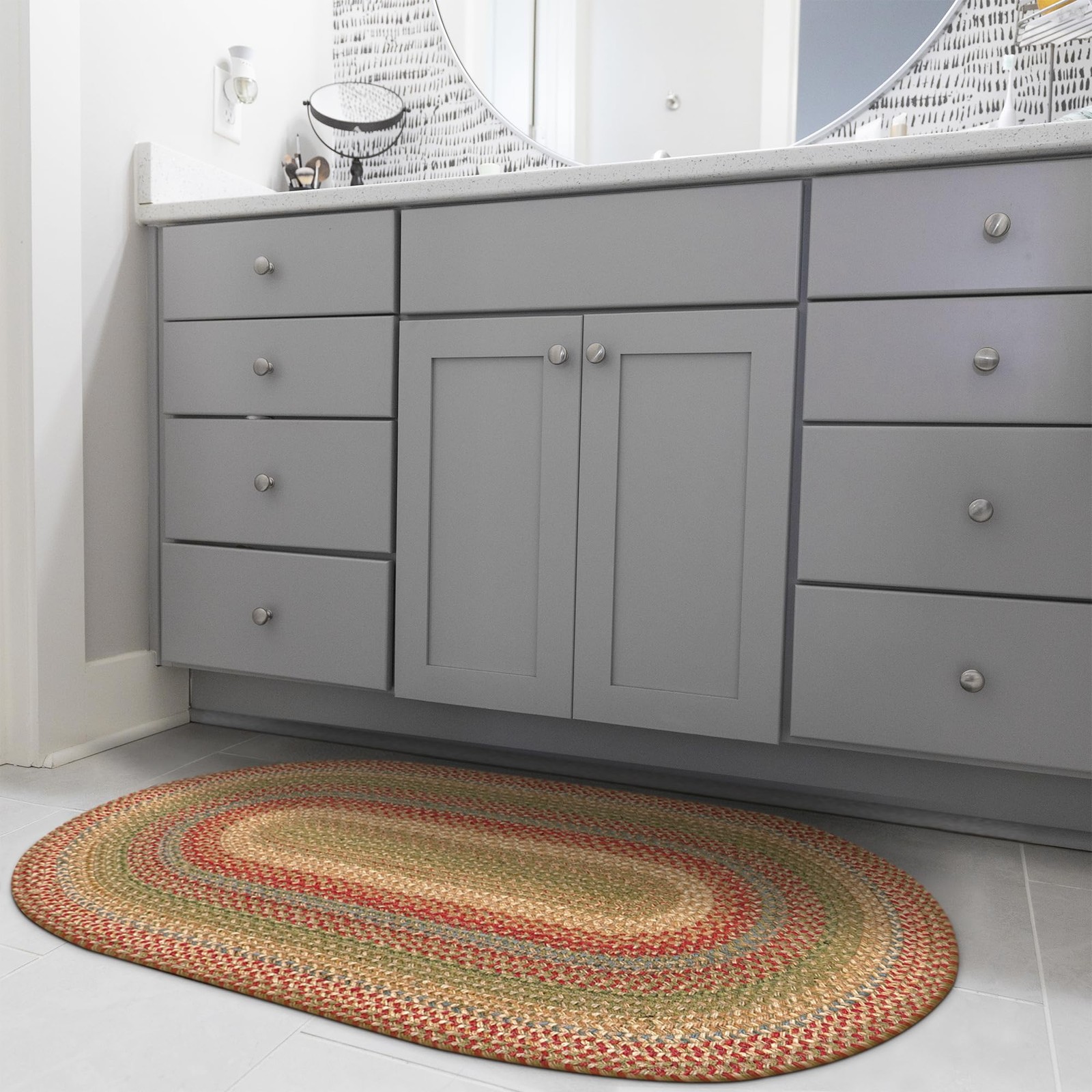 Homespice Azalea Jute Braided Area Rug, 20 x 30 Oval Red – Tan – Beige – Blue, R