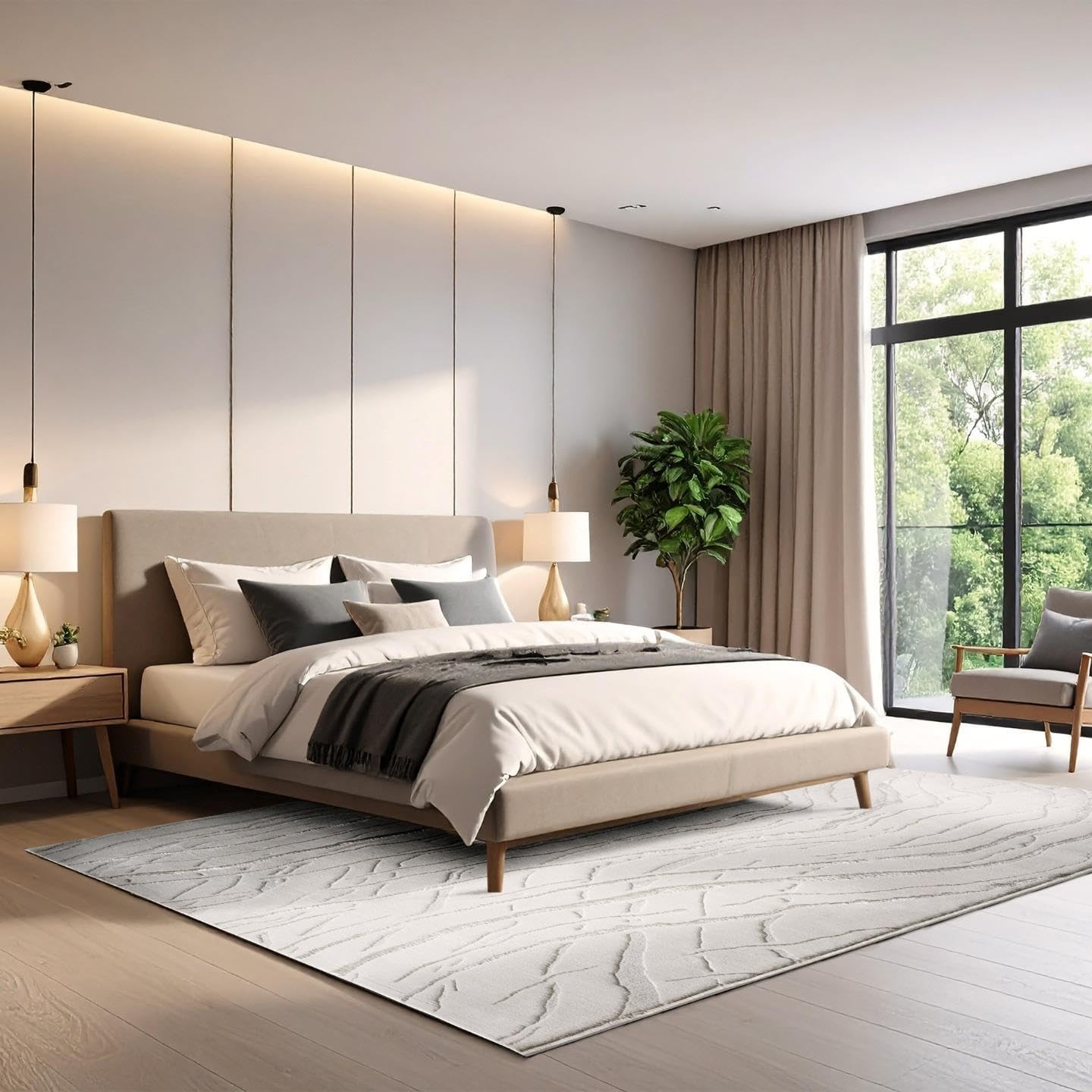 Modern Abstract Wave Cream 5×7 Area Rug – Stylish High Low Carpet