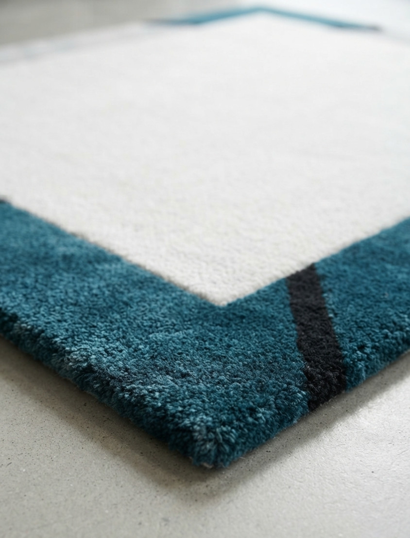 Hand Tufted Wool Rug Ivory Teal Border Modern Area Rug Custom Size