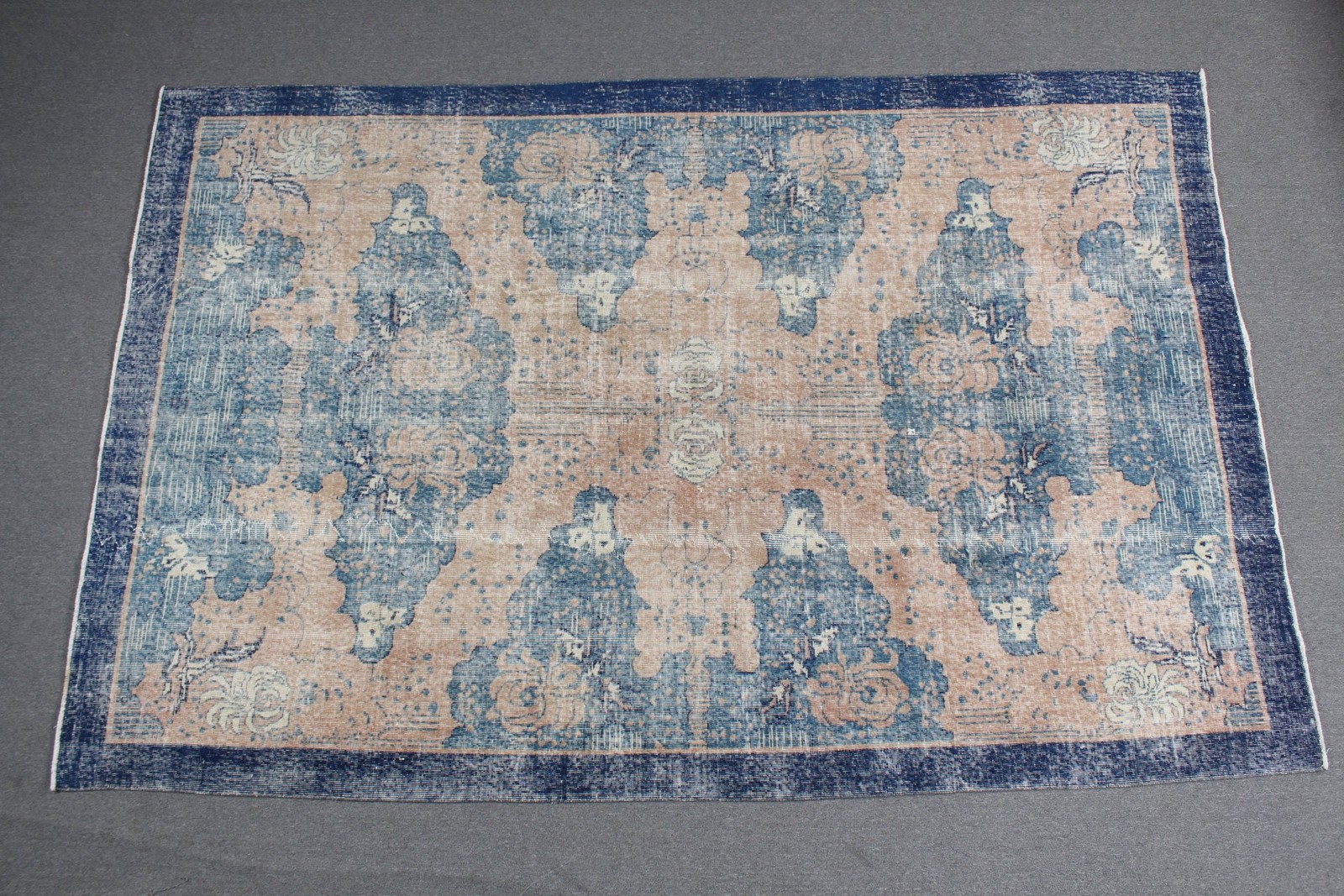Vintage Rug, 6,9×10,6 ft Oversize Rug, Blue Oriental Wool Turkish Rug
