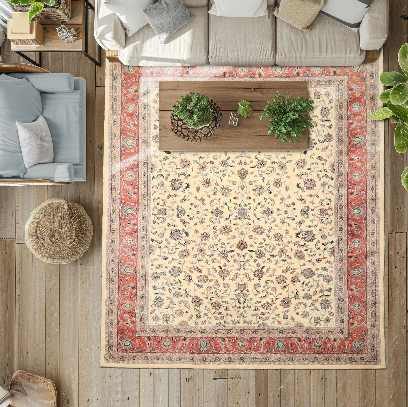8’8”x12’4” Hand Knotted Wool Ivory Agra Traditional Botanical Plush Pile Rug