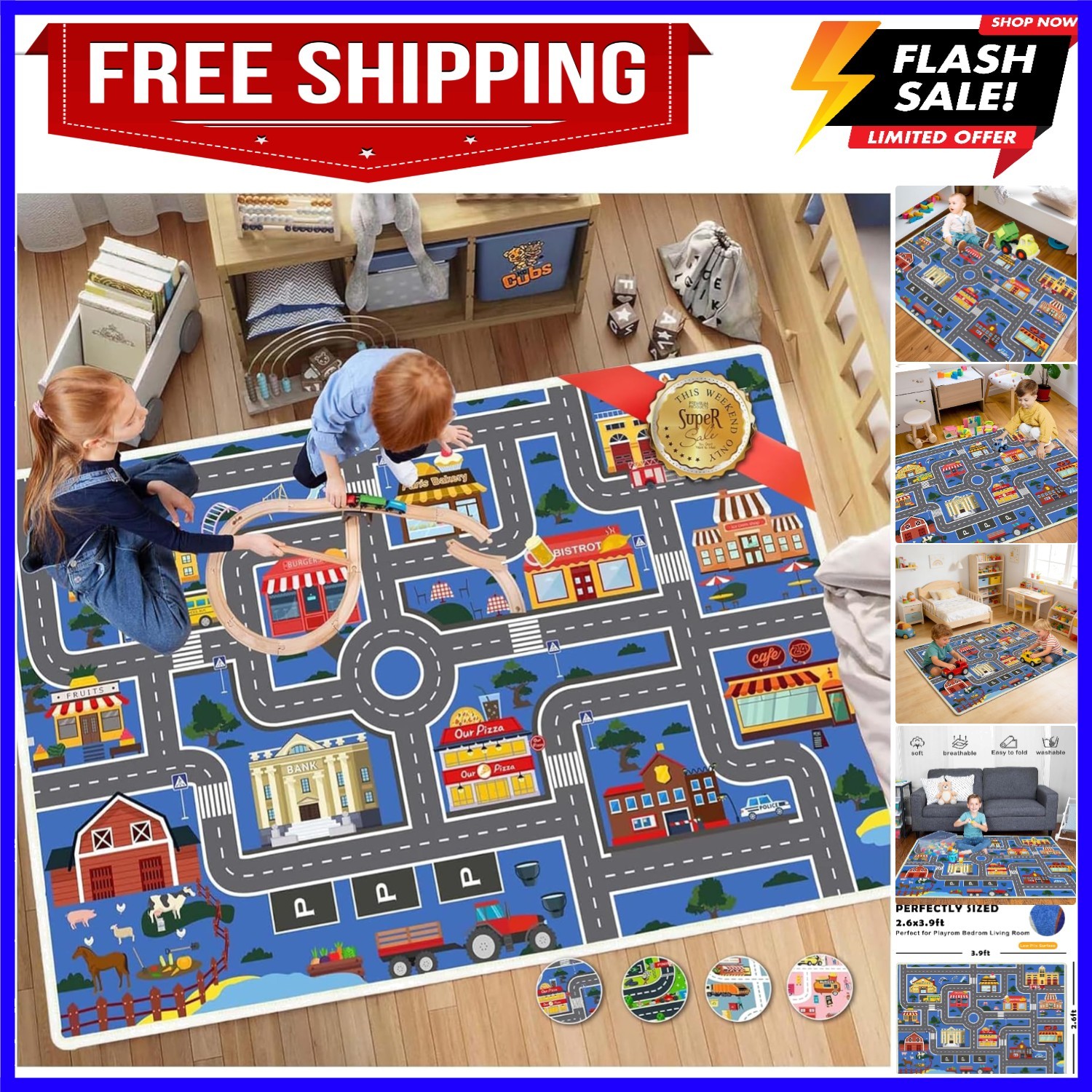 Play Mat Kids Rug for Boys and Girls, 31x47in Non-Slip Playroom Rug Car Rugs …