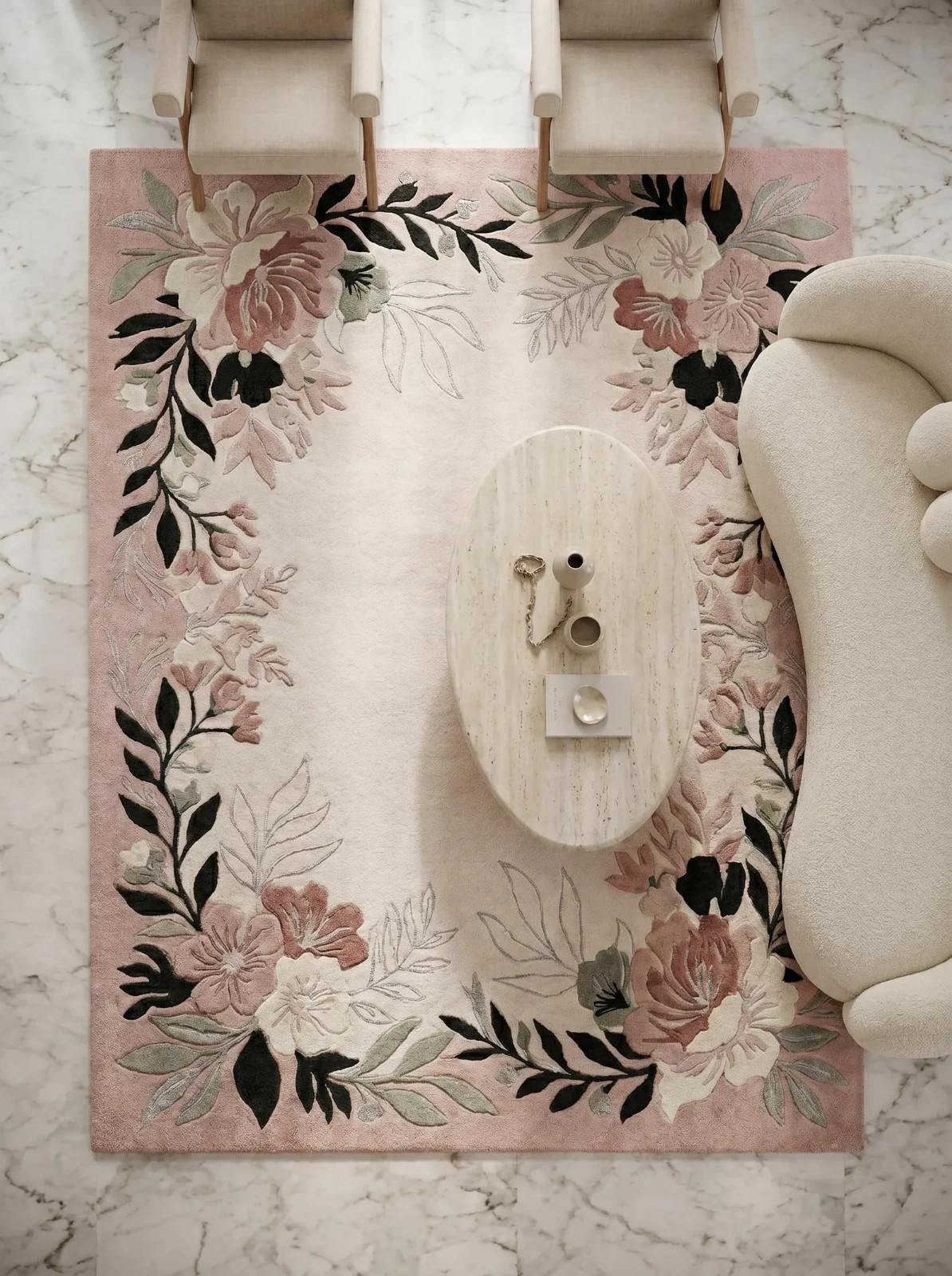 Hand Tufted Floral Wool Rug Pink Cream Rose Bordered Living Room Area Carpet Mat