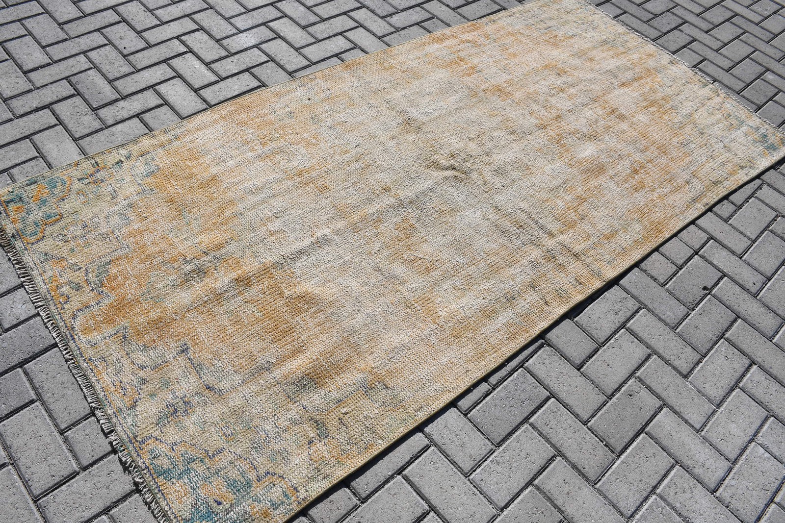 Vintage Rug, Area 3,8×7,8 ft Turkish Rug, Brown Blue Solid Wool Rug