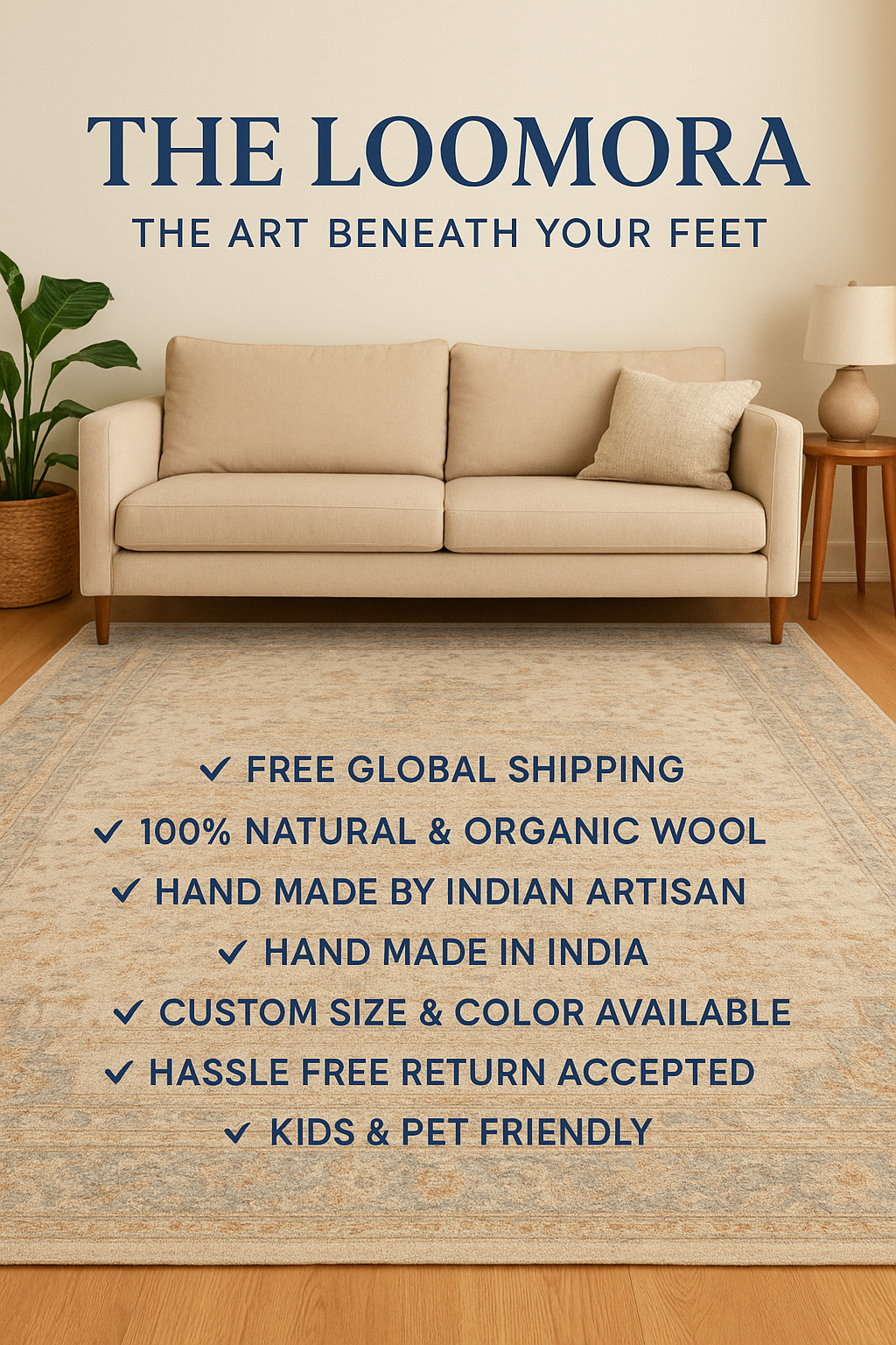 Abstract Geometric Wool Rug 6×9 – Handmade Neutral Carpet for Bedroom & Dining