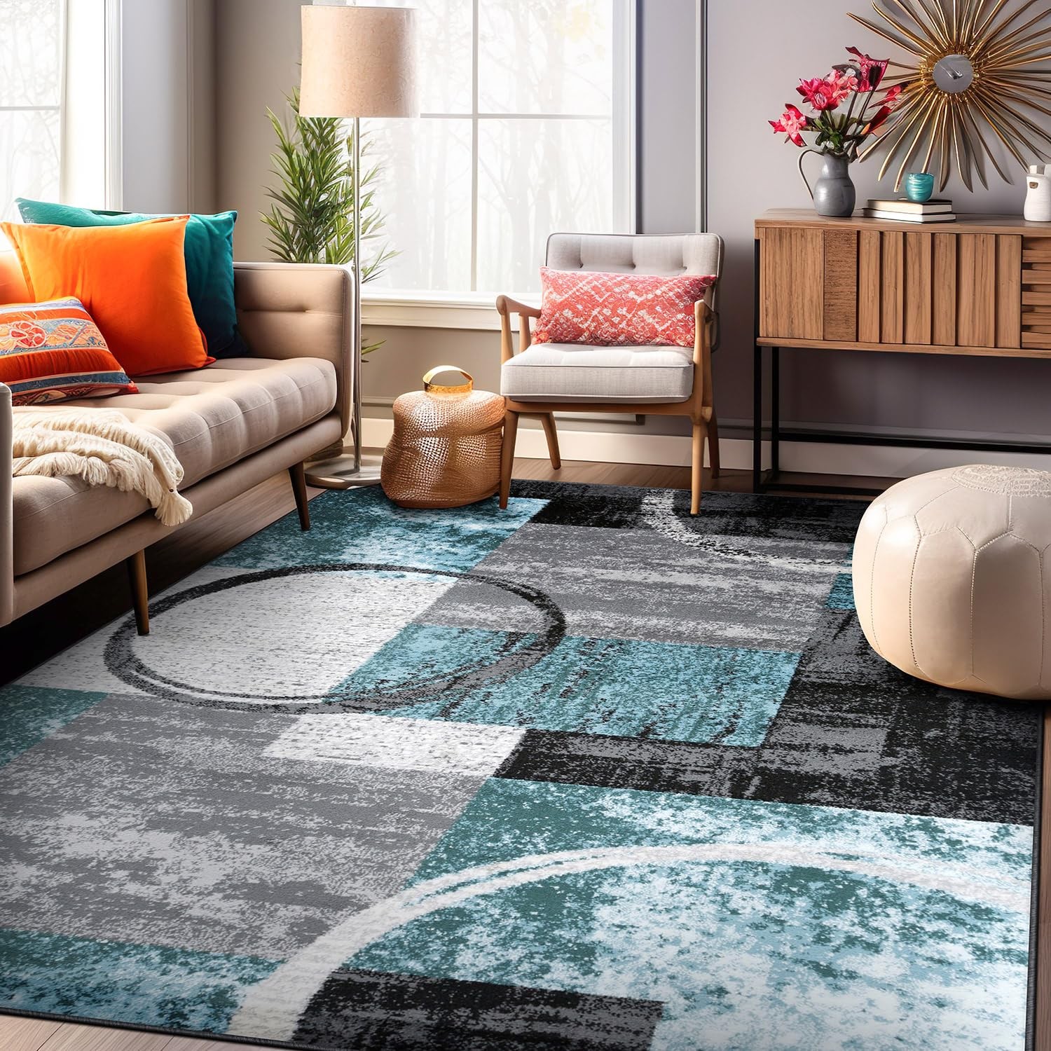 Contemporary Circle Design Area Rug, Durable Fade-Resistant Carpet Alfombras …