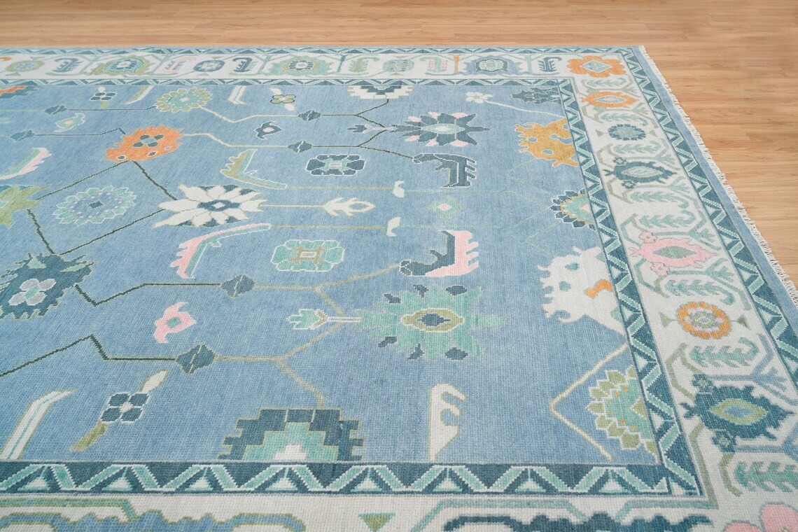 Frost Blue 8’X10′ Oushak Rug With Ivory, Lovely Pastel Area Rug With Orange