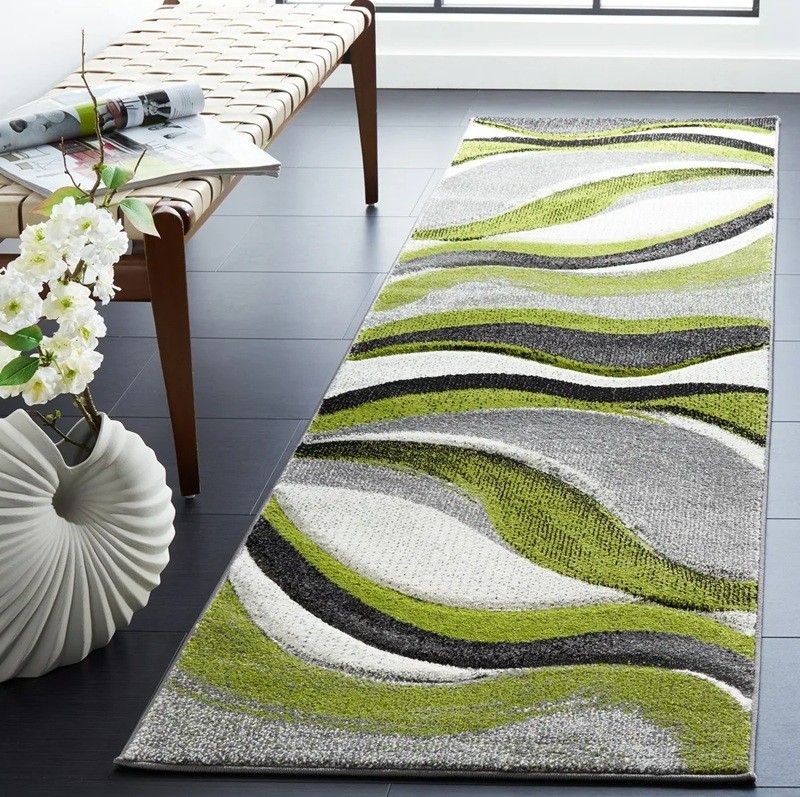 12 Ft Runner Rug Modern Grey Green Abstract Accent Carpet Hall Way Entry Luxury