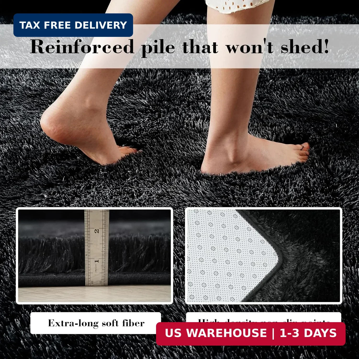 Fluffy Rug Shag Area Rug, Black 2×4 Area Rugs for Bedroom, Small Bedside Rug, So