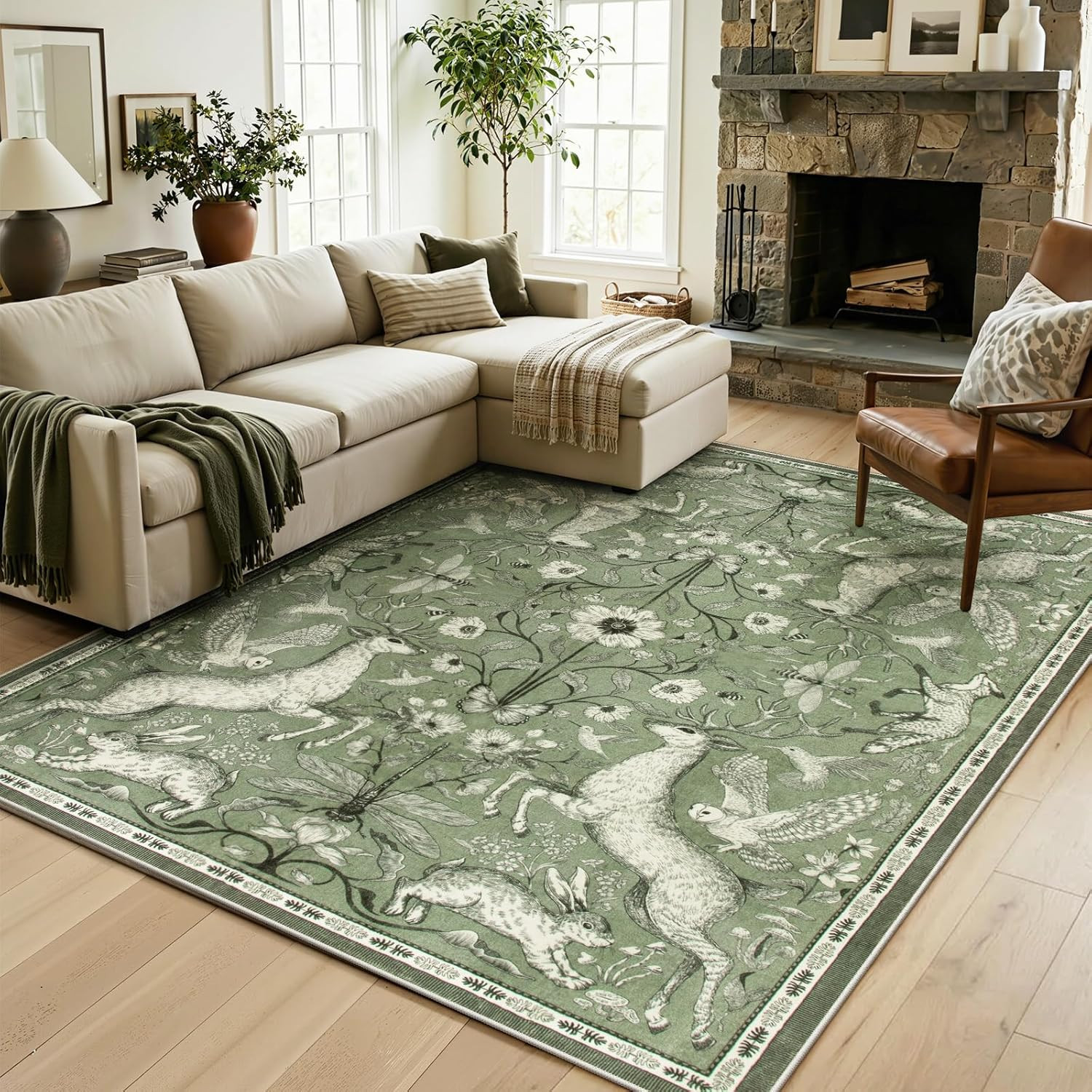 6×9 Deer Area Rug Washable Woodland Boho Soft Low Pile Green Carpet Decor Design